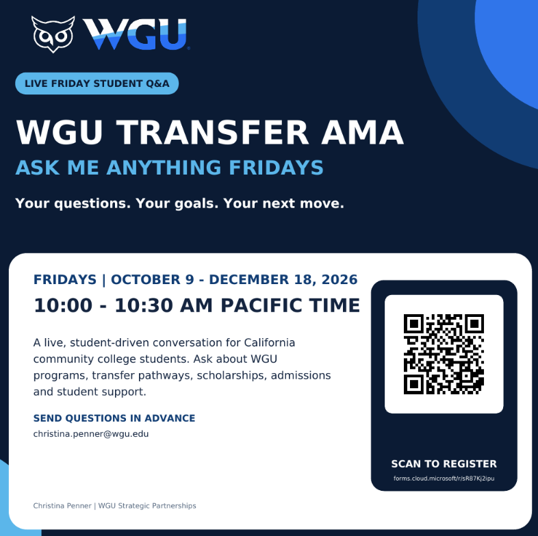 WGU Transfer Ask Me Anything Fridays October 9 to December 18 10:00 - 10:30AM